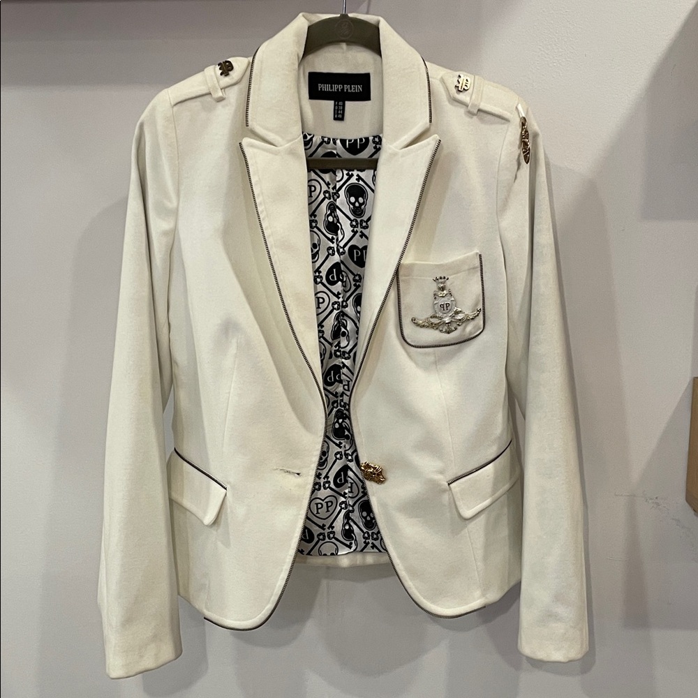 Philipp Plein Cream Blazer with Embroidered Crest